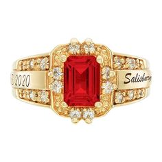 A highly detailed distinctively feminine design that looks fantastic whether you're wearing a graduation gown or an evening gown. Celebrate everything you've accomplished at Salisbury University with the Illusion ring and treasure the memories of these years forever. A lovely emerald-cut stone sits at the top of this ring accented with twenty cubic zirconias or diamonds on the top and sides. The central sections on the sides can contain your school name and up to 15 characters for your degree le Elegant Engraved Ring With Birthstone For Formal Occasions, Salisbury University, College Ring, Montclair State University, College Rings, Celebrate Everything, Graduation Rings, Graduation Gown, Graduation Year