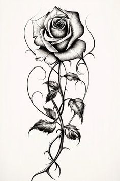 27 Free Printable Tattoo Sketches Ideas - Perfect for Custom Tattoo Designs Rose Tattoo With Vines And Thorns, Rose On A Stem Tattoo, Rose Vine Tattoo Stencil, Thorny Rose Drawing, Female Rose Tattoos, Free Tattoo Stencils, Rose Tattoo Design Sketches, Rose With Vines Tattoo, Rose And Name Tattoo