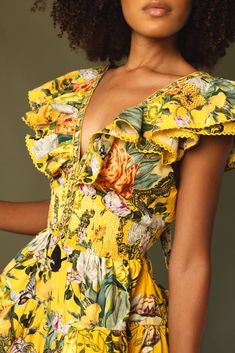 Camilla neck frill short dress in paths of gold. 100% Cotton HAND WASH ONLY Made in India Camilla Clothing, Fashion Illustration Tutorial, Frill Shorts, Ruffled Mini Dress, Marissa Collections, Model Outfits, Casual Evening, Frill Dress, Yellow Dress