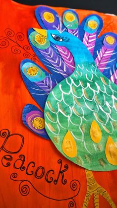 a painting of a colorful peacock on an orange background with the word peacock written below it