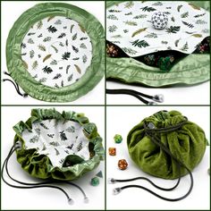 four pictures showing how to make a drawstring bag with fabric and buttons on it