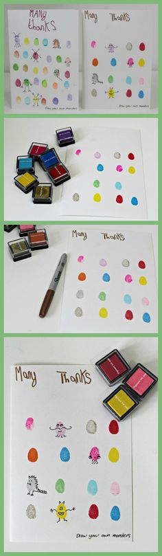 three pictures of different types of markers and paper with the words mom on them, along with