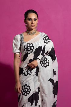 Elevate your style with this ivory/black patchwork saree, handcrafted in pure mulmul. Adorned with a statement floral jaal in meticulous patchwork, this sari is a masterpiece of craftsmanship. It comes with an ivory embroidered blouse in mulmul, a handcrafted marvel in pure chanderi cotton silk. Patchwork Saree, Personal Shopping Service, Plain Blouse, Hand Woven Textiles, Indian Design, Embroidered Blouse, Handmade Clothes, Blouse Piece, Indian Wear