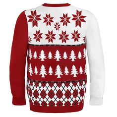 a red and white sweater with christmas trees on it