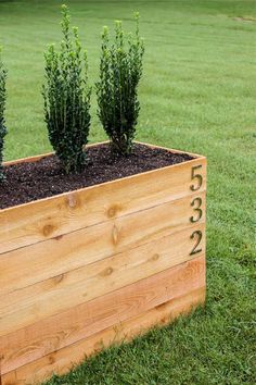 a wooden planter filled with green plants on top of a lush green park field