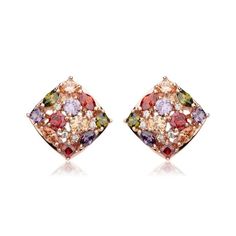 Material: Copper, Gold Plated, Cubic ZirconiaSize: 2cm by 2cmWeight: 9.5g per pairDesign: Rhombus Shaped Crystal Colorful Stud EarringsColor: Red, Purple, Green, Orange, Rose GoldPart of Conthey Earrings and Necklace Set Colorful Stud Earrings, Rhombus Shape, Multicolor Earrings, Color Earrings, Rose Gold Studs, Cubic Zirconia Earrings, Colorful Earrings, Zirconia Earrings, Engagement Jewelry