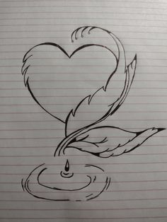 a pencil drawing of a heart with wings and water drop on the inside of it