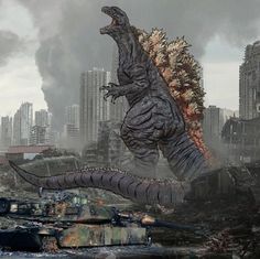 an image of godzilla attacking tanks in the city