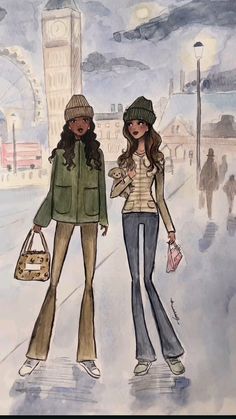 two women walking down the street in winter