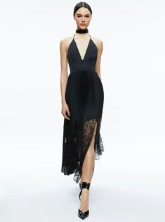 Hannah Halter Maxi Dress In Black | Alice And Olivia Spring Gala Halter Neck Midi Dress, Chic Halter Neck Spring Evening Dress, Date Night Halter Neck Maxi Dress, Spring Gala Long Halter Dress, Halter Neck Maxi Dress For Date Night, Summer Cocktail Floor-length Halter Dress, Spring Evening Halter Neck Maxi Dress, Spring Evening Halter Neck Midi Dress, Spring Halter Neck Midi Dress For Evening