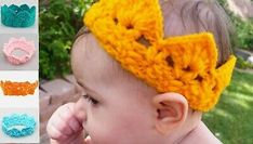 the baby is wearing a crocheted headband