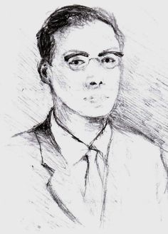 a black and white drawing of a man in glasses with a shirt and tie on