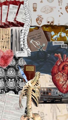 a collage of medical items including a heart, skeleton, and other things in the background