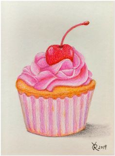 a colored pencil drawing of a cupcake with a cherry on top and pink icing