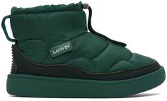 Ankle-high padded quilted nylon taffeta boots in green. Piping throughout. · Cord-lock drawstring at collar · Webbing pull-loop at heel tab · Textured rubberized trim at heel counter · Leather logo flag at sides · Fleece lining · Calfskin trim at welt · Treaded rubber sole Supplier color: Forest Padded Boots, Green Ankle Boots, Logo Shoes, Accessories Bags Shoes, Snow Shoes, Snow Boots, Dream Shoes, Lanvin, Winter Boots