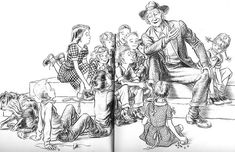 an open book with black and white drawing of children sitting on the steps next to a man