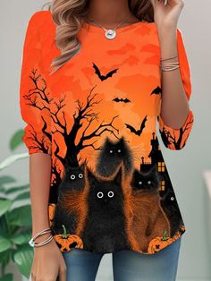 Buy Inexpensive T-shirts at Zolucky online store, SPU: 294WT-8Q078A, Color: Orange, Style:Casual, Sleeve Length:Long Sleeve. Halloween Printed Crew Neck T-shirt, Orange Halloween Tops With Character Print, Orange Tops With Character Print For Fall, Orange Character Print Tops For Fall, Fall Orange Tops With Character Print, Halloween Long Sleeve Tops With Sublimation Print, Spooky Character Print Tops For Fall, Halloween Sublimation Print Crew Neck Tops, Orange Style