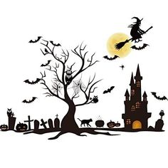 a halloween scene with pumpkins, bats and a witch's castle in the background