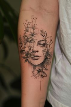 Face adorned with blooming flowers tattooed on the inner arm. Bold Artwork, Bob Haircuts For Women, Dot Work Tattoo, Female Tattoo, Minimalist Landscape, Unique Tattoo, Finger Tattoos