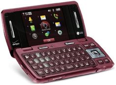 a pink cell phone with a keyboard on it's back side and the screen partially open