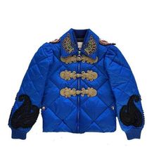 Gucci lightweight quilted parachute nylon bomber jacket.Approx. 21.3"L from shoulder to hem.Spread collar; zip front and toggle closures.Long sleeves; ribbed, elasticized cuffs.Paisley appliqués on the sleeves.Embroidered spaniel dog appliqués with flames on back.Fitted silhouette.Straight hem.Nylon.Made in Italy.  Our products are 100% genuine. In some cases we purchase merchandise from trusted independent suppliers and not directly from the brand owner. In all cases we stand by the authenticit Designer Gucci Outerwear With Ribbed Cuffs, Gucci Spring Streetwear Outerwear, Gucci Winter Outerwear With Ribbed Cuffs, Blue Gucci Outerwear For Spring, Gucci Blue Outerwear For Spring, Gucci Blue Spring Outerwear, Luxury Streetwear Puffer Jacket, Luxury Long Sleeve Puffer Jacket For Streetwear, Designer Streetwear Puffer Jacket With Padded Collar