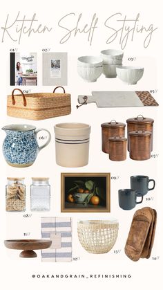 the kitchen shelf styling poster is shown with pictures and other things to put on it