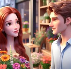 the princess and the frog are standing next to each other in front of some flowers