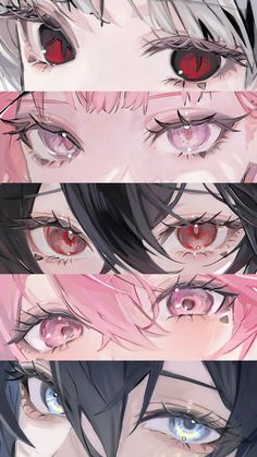 three different anime characters with red eyes