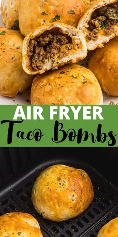 air fryer taco buns with meat inside and on the grill in front