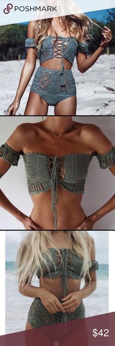 Lake Green High Waist Crochet Bikini w/ Corset Top Lake Green High Waist Crochet Bikini with Corset Top  This gorgeous bikini is high waisted, with hollowed out cutouts and a lace up corset top with tassels. The corset top allows you to decide how much cleavage you want to reveal, and gives room for larger bust sizes. The off the shoulder attached sleeves add extra interest. Wear the top as bikini or as a cute crop top with cut offs.   🌟 Size XL is coming soon! Comment to be notified!🌟   Cotto Attached Sleeves, Irish Crochet Dress, Crochet Style, Crochet Braids Hairstyles, Cut Offs, Crochet Skirt, Cute Crop Tops, Green Lace, Knit Outfit