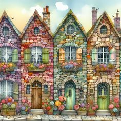 a painting of some houses with flowers in the windows