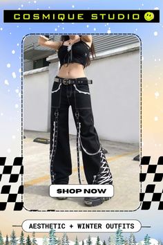 Y2k Style Bottoms For Summer Concert, Black Mid-rise Punk Pants, Mid-rise Black Punk Pants, Harajuku Style Long Pants, Harajuku Style High Waist Cotton Pants, Harajuku High Waist Cotton Pants, Harajuku Style Wide Leg Cotton Bottoms, Y2k Style Mid-rise Pants For Streetwear, Y2k Mid-rise Pants For Streetwear