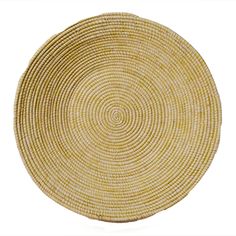 a round woven basket with yellow stripes on the bottom and sides, sitting in front of a white background