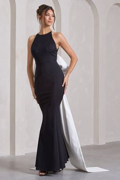 Bestow Black Open-Back Maxi Dress With Oversized White Bow – Club L London - USA Club L London, Open Back Maxi Dress, Black Dress Prom, Fishtail Skirt, Graduation Dresses, Black Tie Gala, Party Dress Long Sleeve, Bridesmaid Outfit, Black Sequin Dress