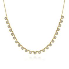 This dainty diamond choker necklace conveys a on-trend elegance. Nearly two dozen round diamonds lend 1.04cts of spectacular sparkle. A simple 14k yellow gold chain ties it all together, allowing the diamonds to truly shine. 14k Yellow Gold Round Diamond Choker Necklace | NK6024Y45JJ Engagement Rings | Fashion Jewelry | Gabriel NY Classic 14k Gold Diamond Necklace, Classic 14k Stamped Diamond Necklace For Formal Events, Elegant 14k Stamped Diamond Necklace For Formal Occasions, Elegant Formal 14k Stamped Diamond Necklace, Elegant 14k Stamped White Gold Diamond Necklace, Elegant White Gold Diamond Necklace Stamped 14k, Classic Diamond Necklace Stamped 14k, Formal Fine Jewelry Necklaces Stamped 14k, Classic 14k Stamped Diamond Wedding Necklace