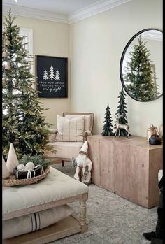 a living room filled with furniture and christmas trees