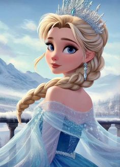 a frozen princess with blue eyes and braids wearing a tiara in the snow