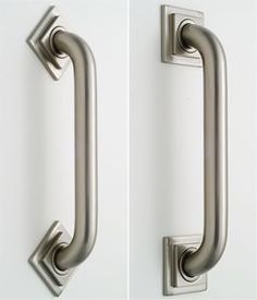 two different angles of a door handle on a white wall, one with an open and closed design