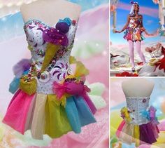 there is a dress made to look like a doll with many colors and designs on it