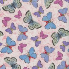 a group of blue and purple butterflies on a pink background