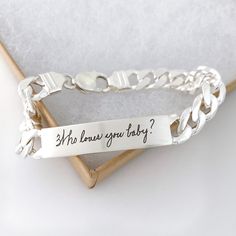 This heavy weight, sterling silver bracelet works well on all bodies. Engrave it inside and out with your own writing, fingerprints, doodles or important dates. ▪️ Qty: 1 Bracelet▪️ Material: Sterling Silver or Yellow Gold Plated (over sterling base)▪️ Engraving Plate Measures: 1.62" x .37" (41mm x 9.5mm) ▪️ Satin brushed texture. For good visibility, stay within a 10 word limit (per side) when personalizing this piece. Sizing guide is provided in the product photos. Customizable Sterling Silver Bracelets For Everyday, Personalized Sterling Silver Meaningful Bracelets, Meaningful Sterling Silver Bracelets, Anniversary Engraved Sterling Silver Name Bracelet, Personalized Sterling Silver Name Bracelet Bangle, Personalized Sterling Silver Name Bangle, Sterling Silver Name Bracelet With Engraving For Anniversary, White Gold Sterling Silver Name Bracelet With Engraving, Adjustable Engraved Name Bracelet In Sterling Silver