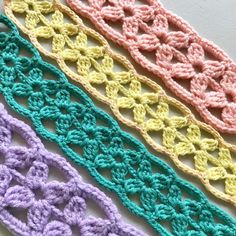 three crochet designs are shown in different colors