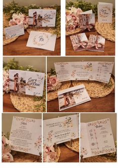 the wedding stationery is laid out in a basket