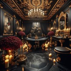 a fancy bathroom with candles and chandeliers