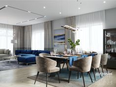 a modern living room with blue and gray furniture