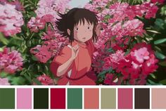 an anime character standing in front of pink flowers