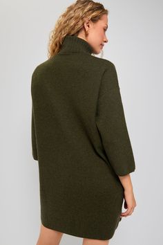 Moss Green Vivianne Dress | Pomander Place Casual High Neck Mini Dress For Winter, High Neck Mini Dress For Winter Workwear, Casual High Neck Mini Dress For Fall, Casual Turtleneck Sweater Dress For Work, Wool Sweater Dress, Meeting Friends, Cozy Fabric, Meet Friends, Friends With Benefits