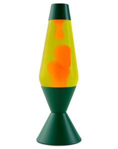 an orange and green vase sitting on top of a table