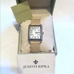 Perfect For A Gift!!! Judith Ripka Watch Stainless Steel Beige Quilted Leather Band Nice Condition! I Don't Think It Was Ever Worn. Comes With Box & 2 Papers. Requires New Battery. Coin Purse Keychain, Leather Watch Box, Judith Ripka, Watch Box, Silicon Bands, Quilted Leather, Silver Watch, Leather Band, Blue Leather