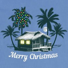 a merry christmas card with a house and palm trees